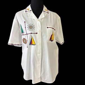 Nautical Top Blouse Size L Karen Scott Ropes Ship Sailing Compass Vintage 1990s
